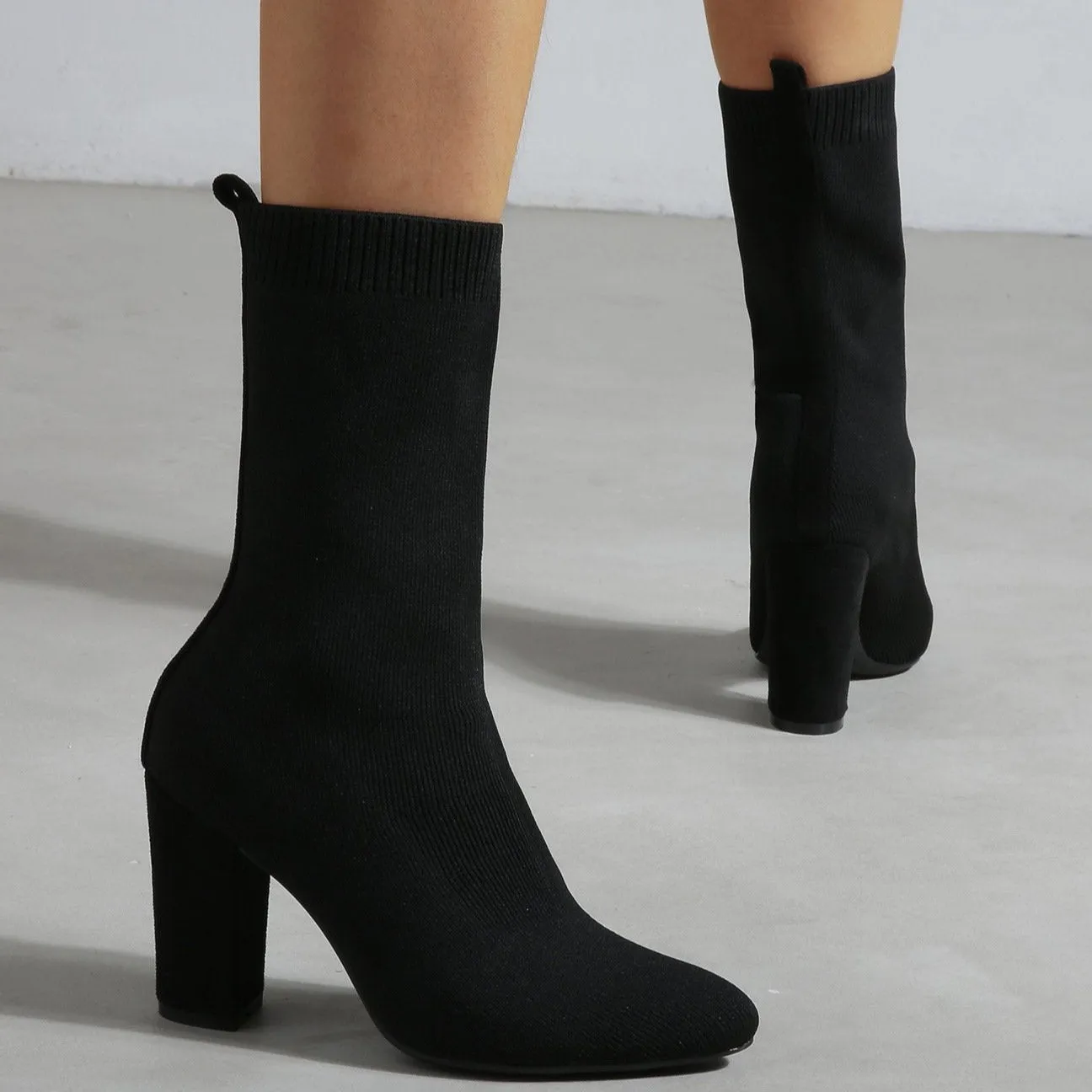 Pointed Toe Chunky Heel Sock Boots