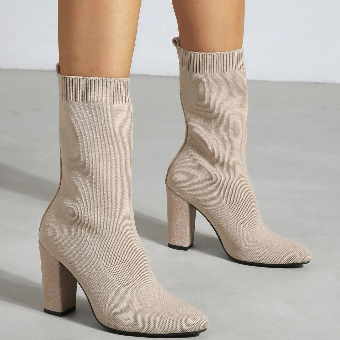 Pointed Toe Chunky Heel Sock Boots