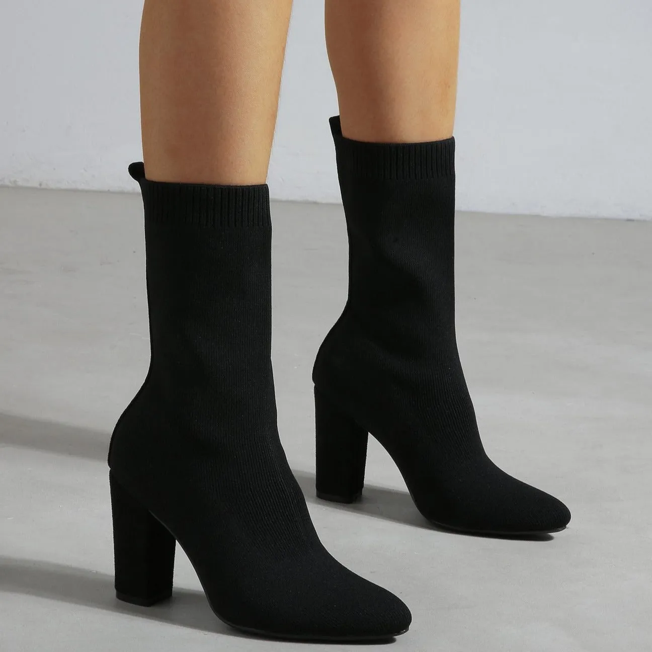 Pointed Toe Chunky Heel Sock Boots