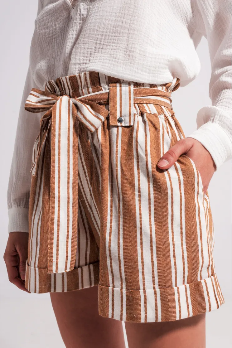 Presley Beige Stripe Paperbag Shorts