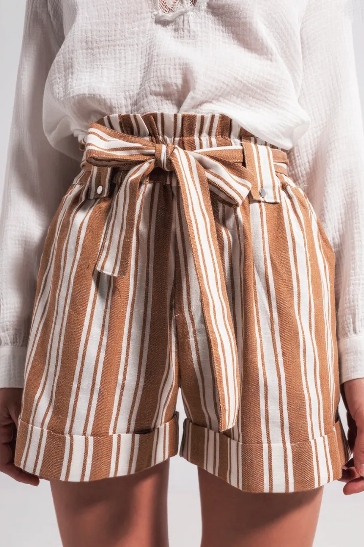 Presley Beige Stripe Paperbag Shorts