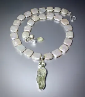 "Marilyn" - Raw Green Amethyst and Cultured Pearl Sterling Silver Necklace