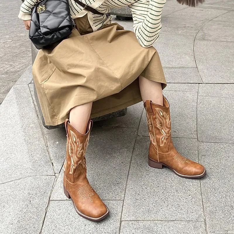 Retro Square Toe Western Cowboy Boots