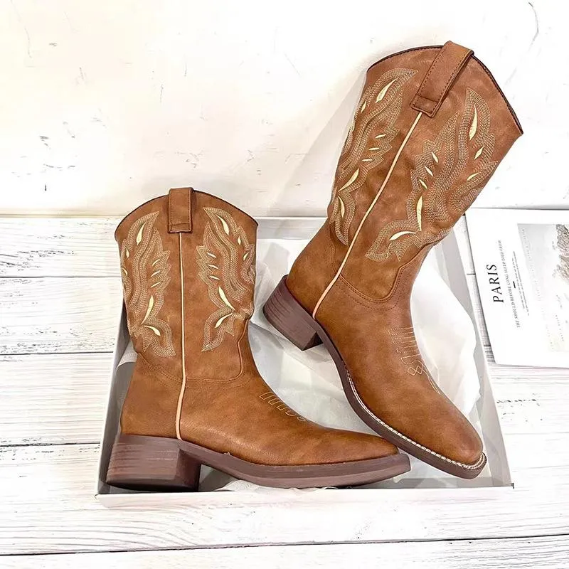 Retro Square Toe Western Cowboy Boots