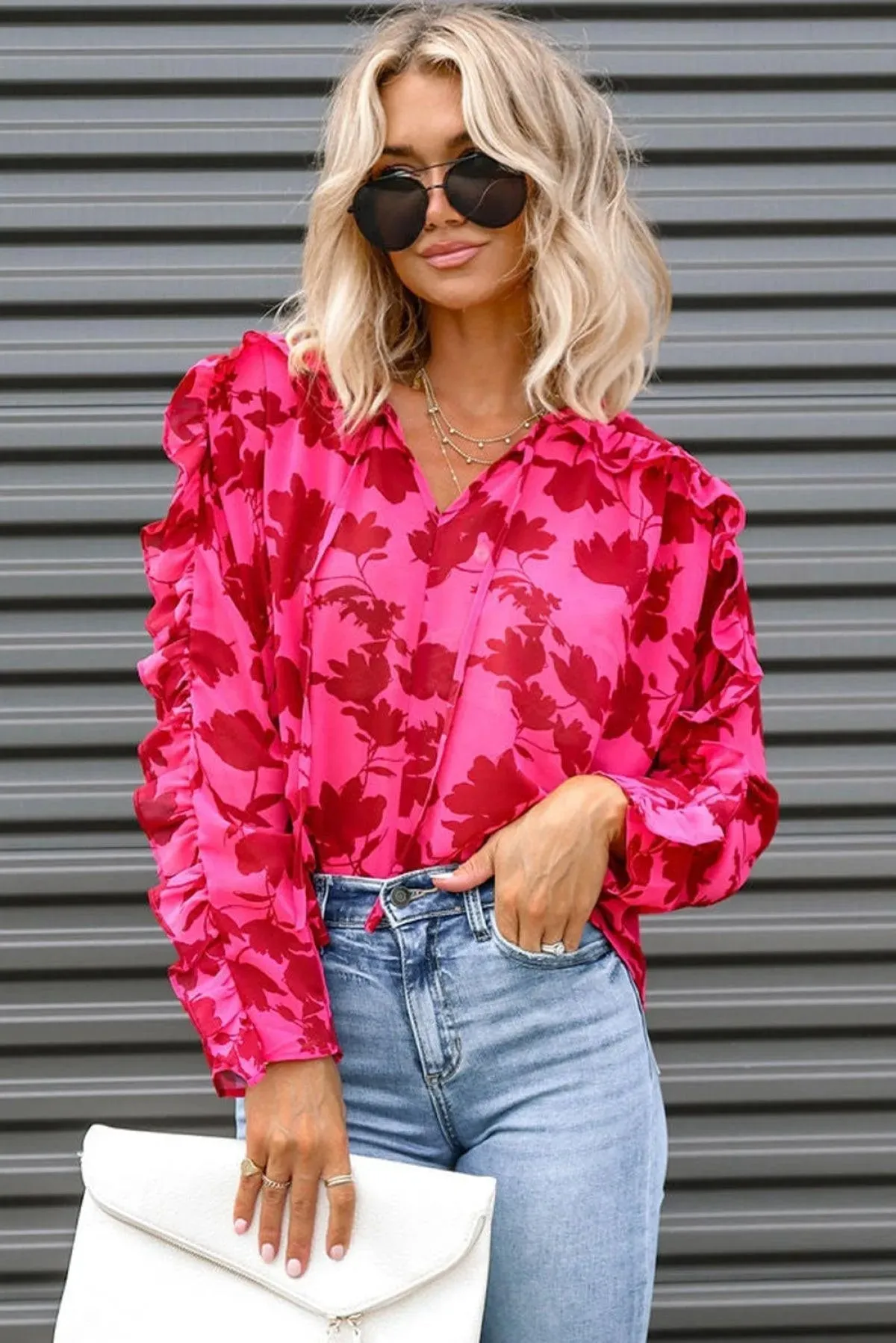 Rose Ruffled Floral Print Blouse