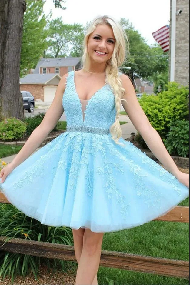 Short V-neck A-line Lace Backless Tulle Blue Prom Dress