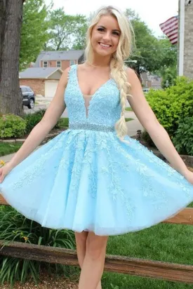 Short V-neck A-line Lace Backless Tulle Blue Prom Dress