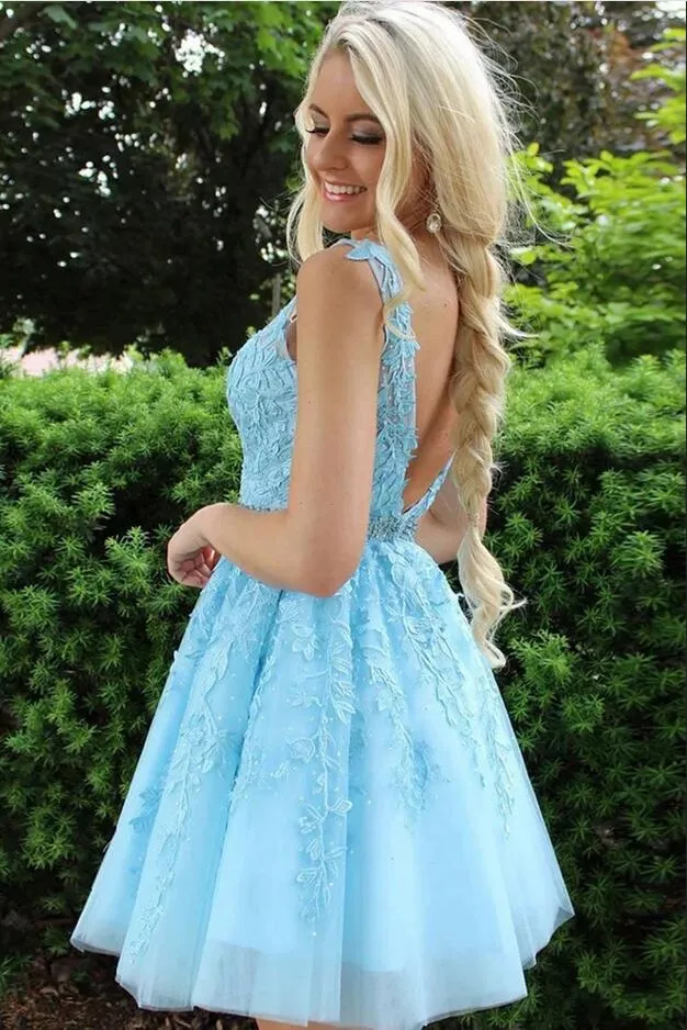 Short V-neck A-line Lace Backless Tulle Blue Prom Dress