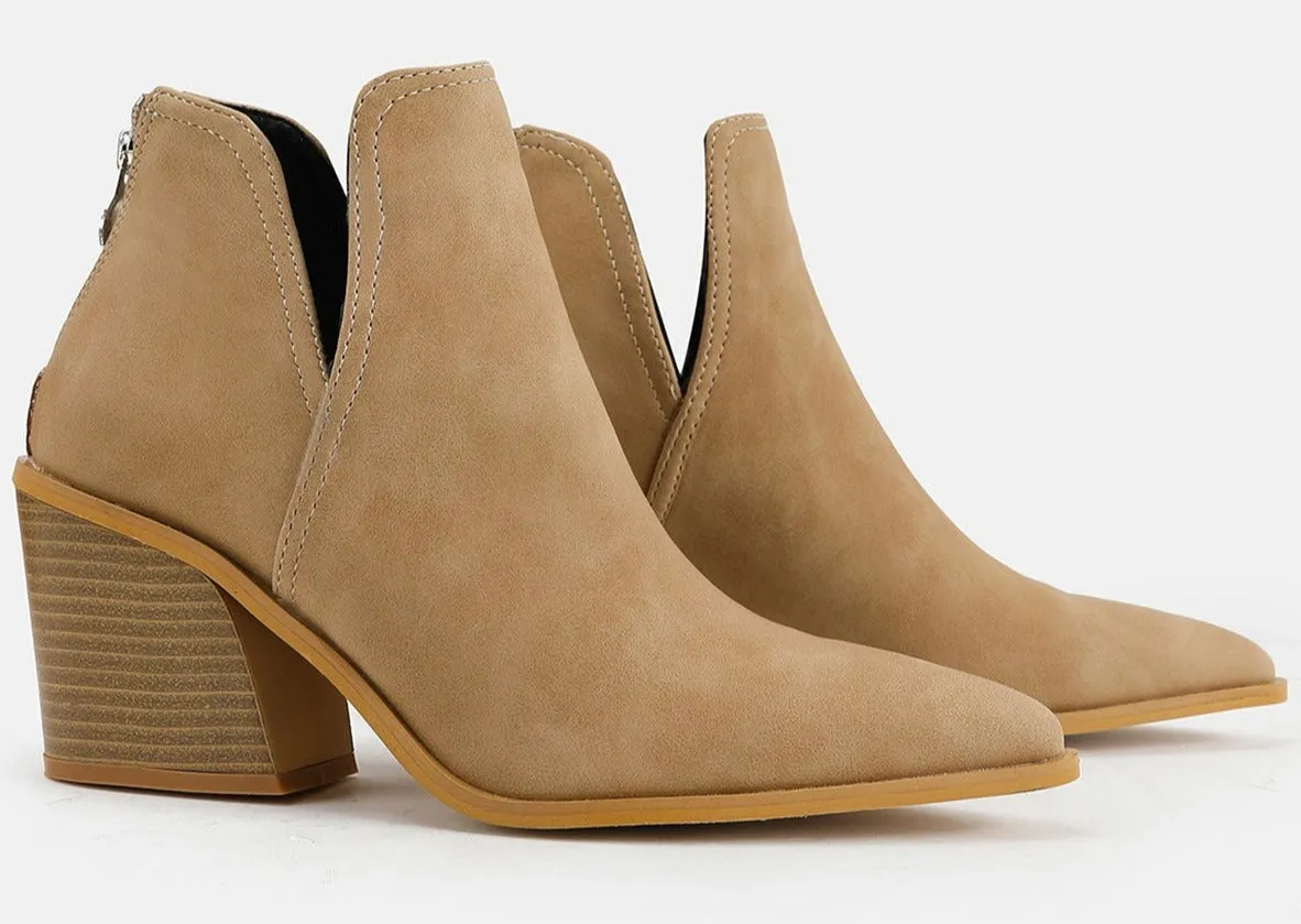 Slip on Cutout Pointed Toe Chunky Stacked Ankle Boot Chunky Heeled Boots