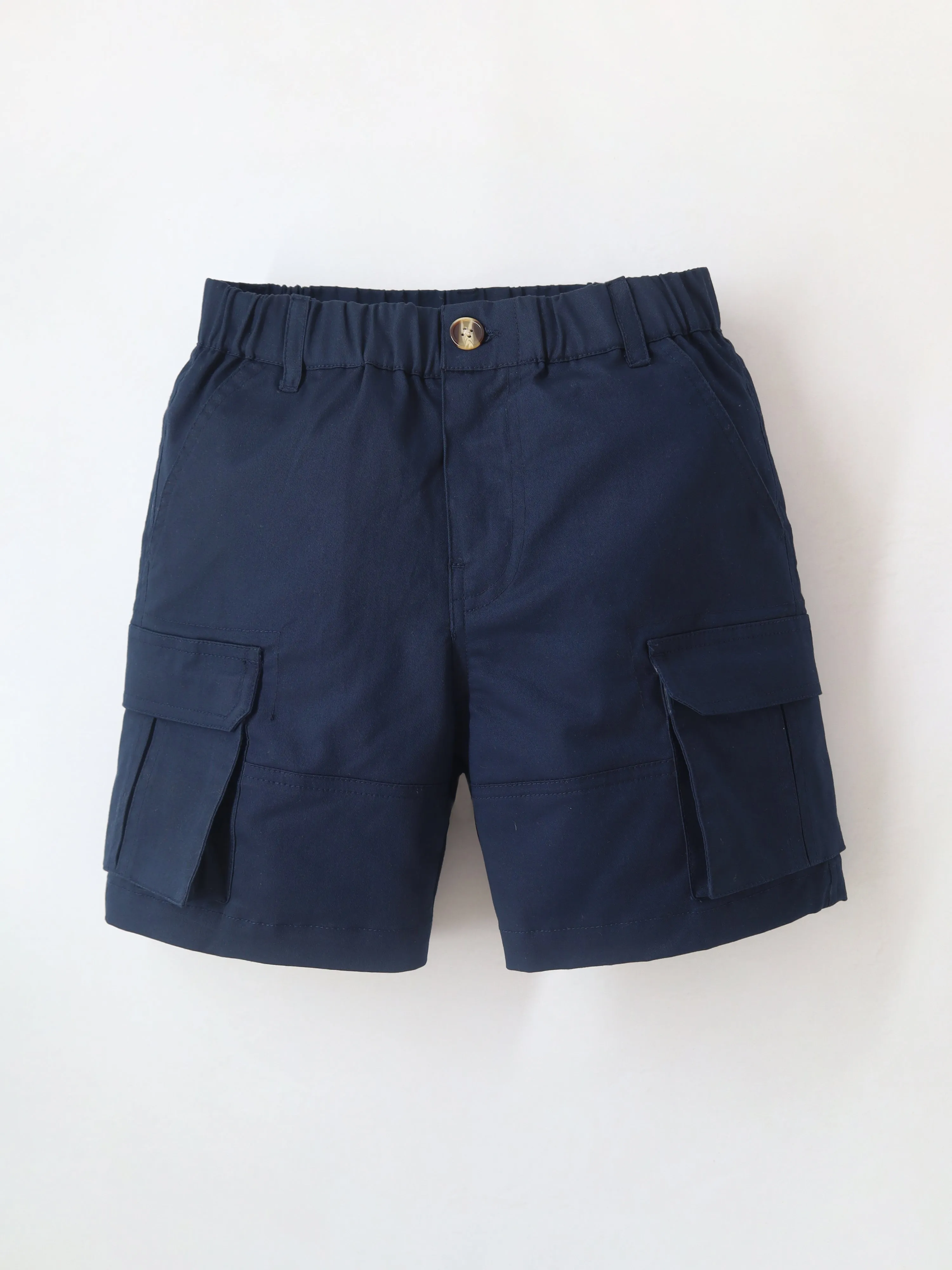 Smart Casual Cotton Navy Blue Knee Length Button Closure with Pockets Shorts For Boys