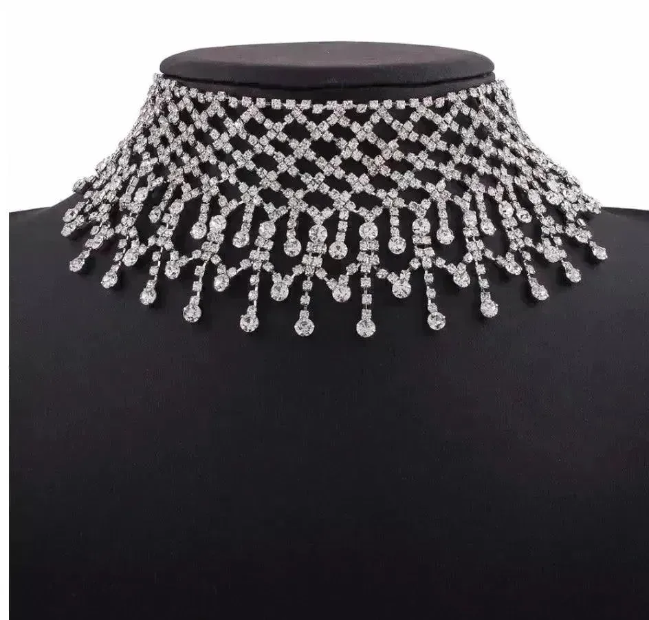 Sparling Rhinestone  Diamond Fringed  Tassel Choker Necklace for Women Bridal Wedding Luxury Necklace