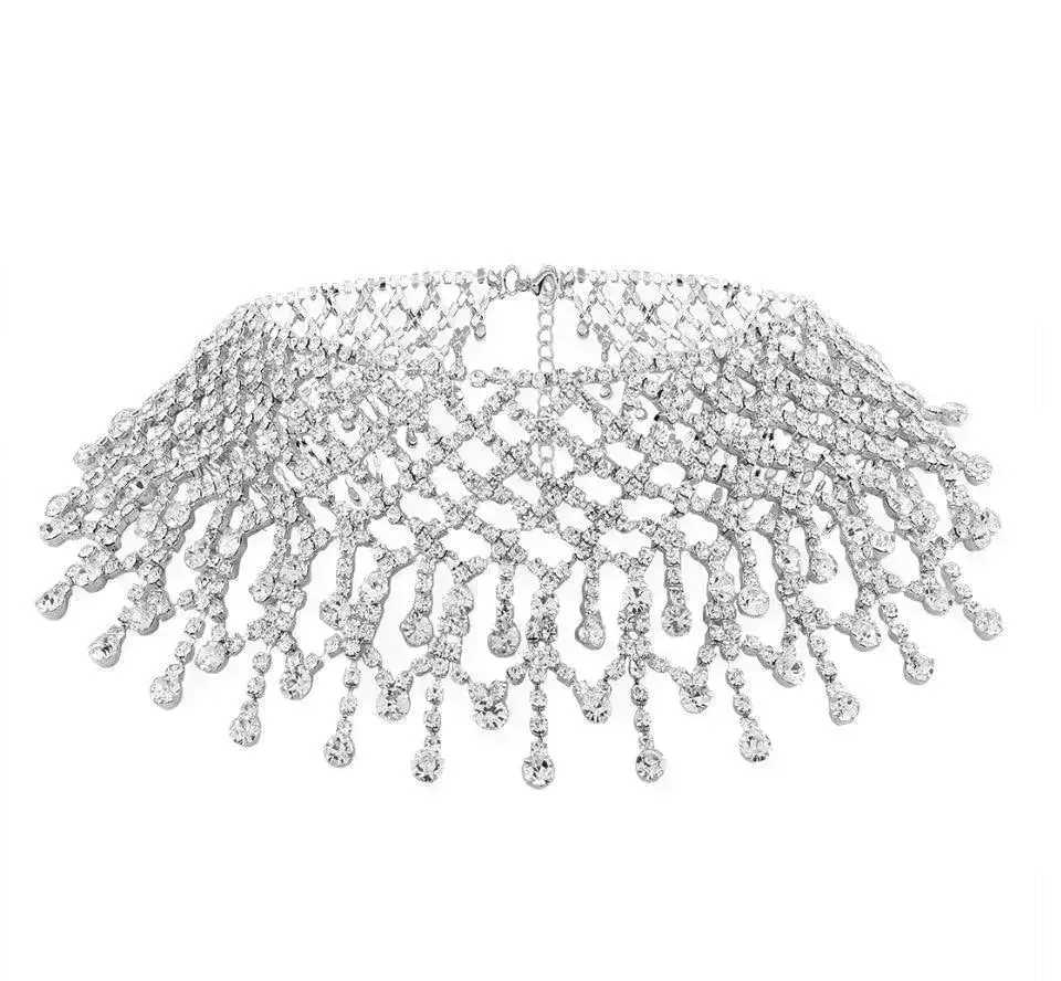 Sparling Rhinestone  Diamond Fringed  Tassel Choker Necklace for Women Bridal Wedding Luxury Necklace