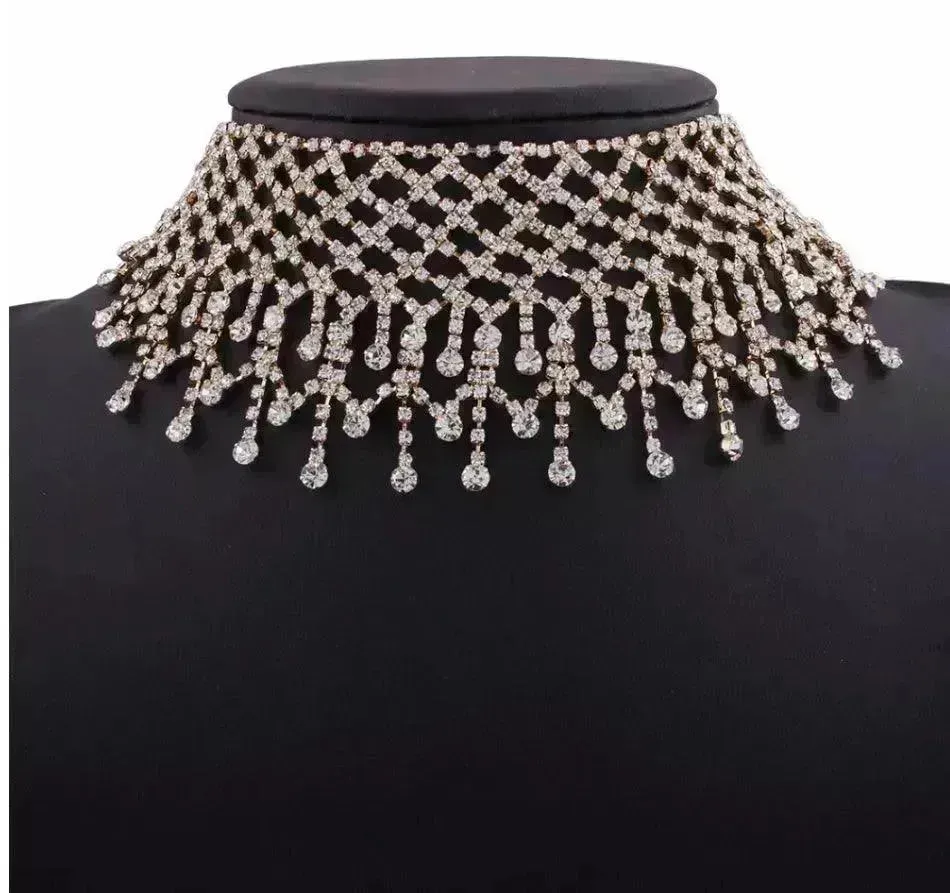 Sparling Rhinestone  Diamond Fringed  Tassel Choker Necklace for Women Bridal Wedding Luxury Necklace