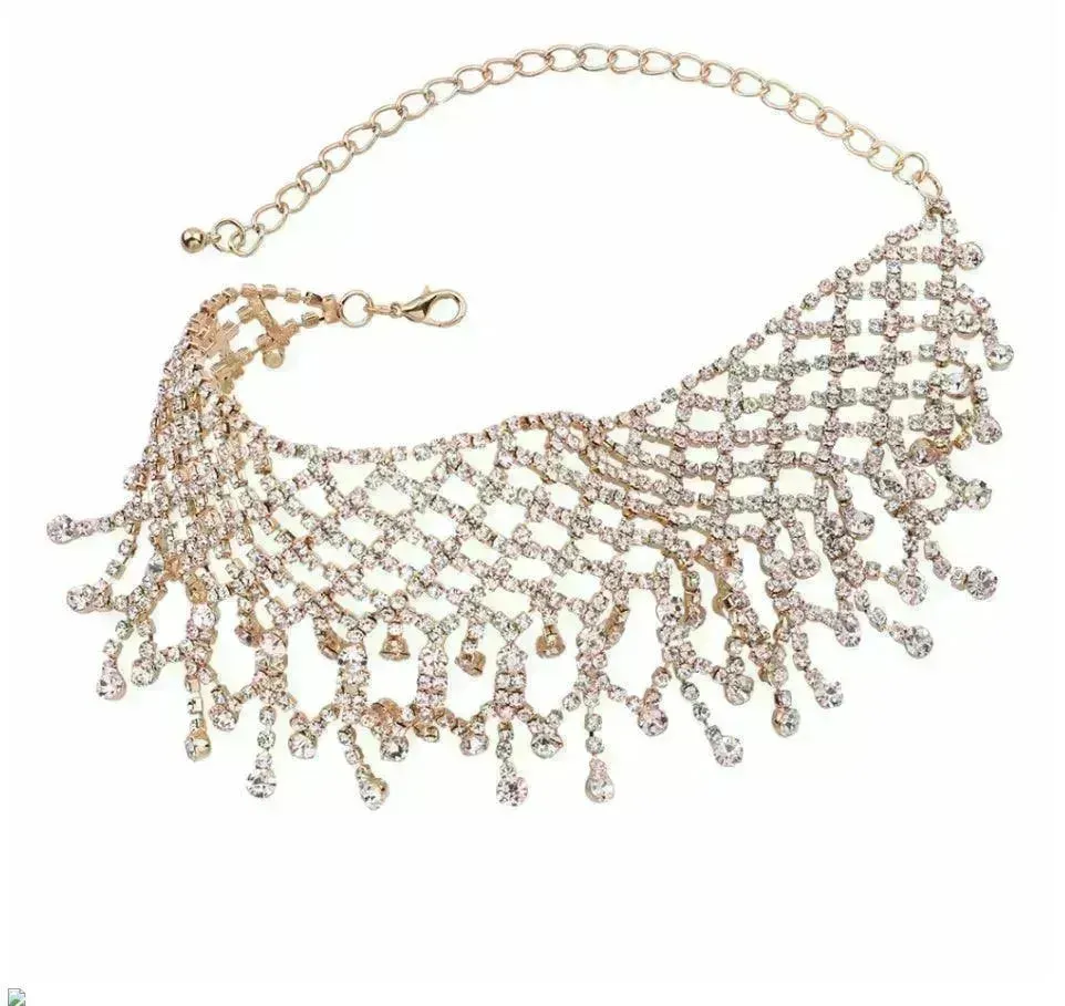 Sparling Rhinestone  Diamond Fringed  Tassel Choker Necklace for Women Bridal Wedding Luxury Necklace