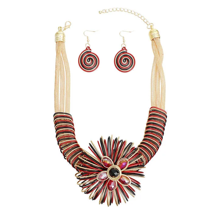 Statement Necklace Orange Wire Flower Set Women