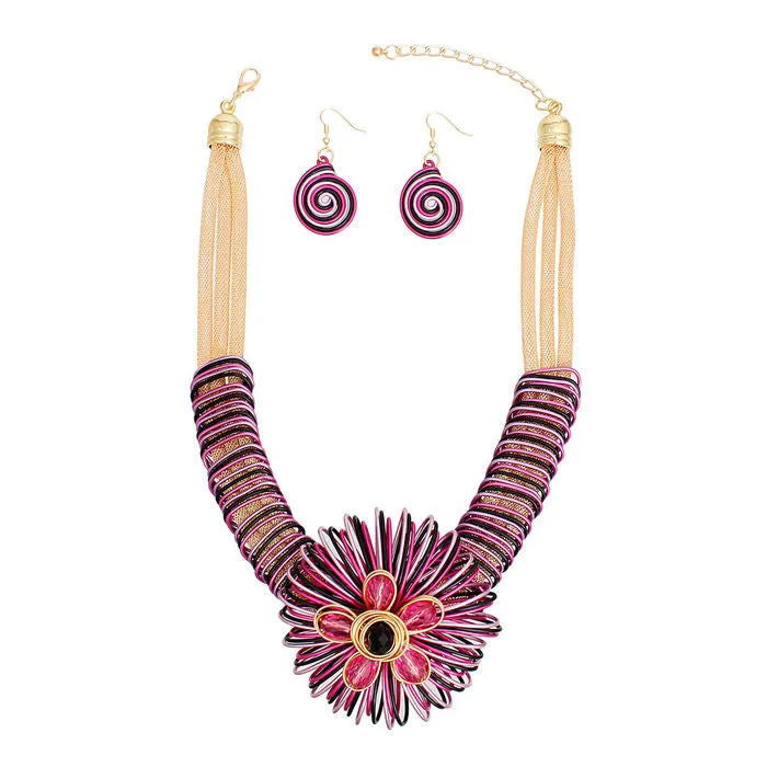 Statement Necklace Orange Wire Flower Set Women