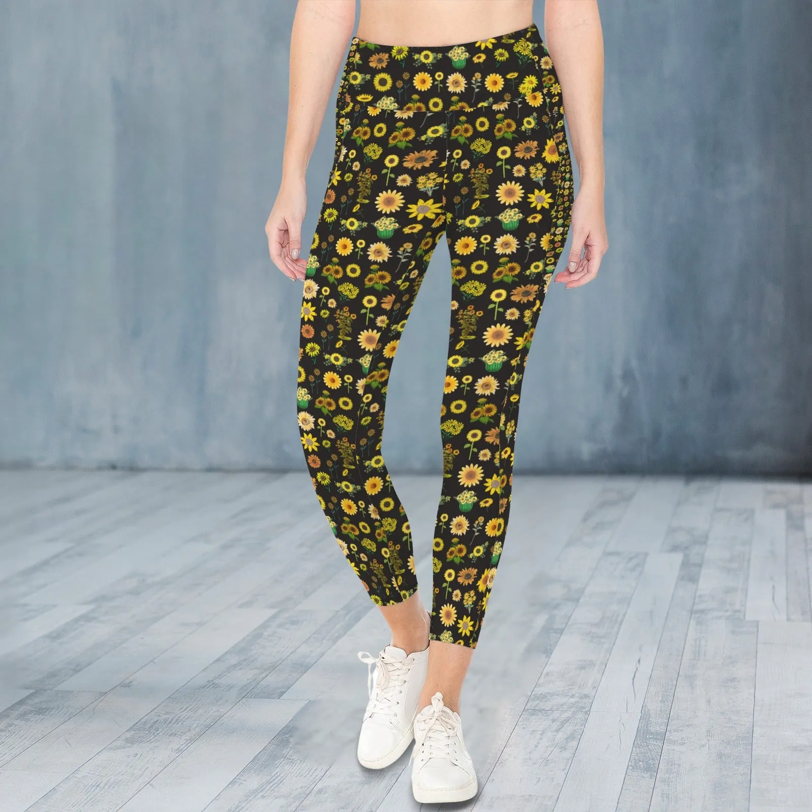 Sunflowers Graphic Black Leggings with Pockets up to 5 XL (FWS)