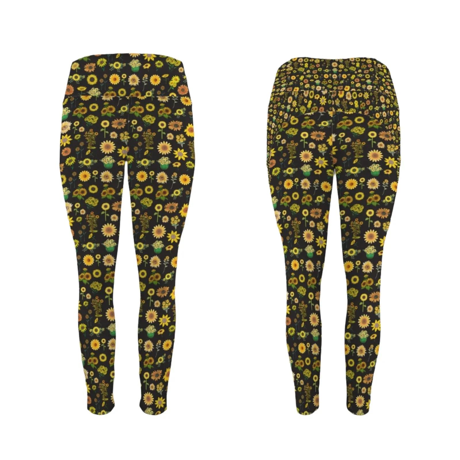 Sunflowers Graphic Black Leggings with Pockets up to 5 XL (FWS)