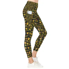 Sunflowers Graphic Black Leggings with Pockets up to 5 XL (FWS)