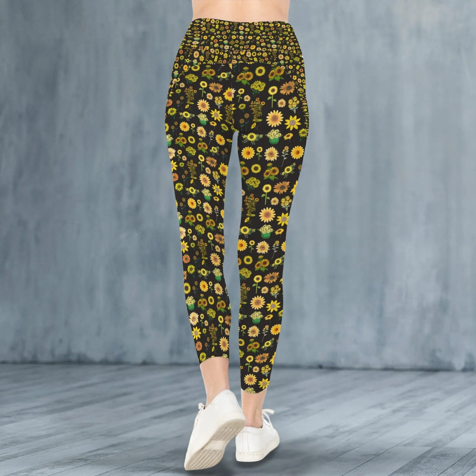 Sunflowers Graphic Black Leggings with Pockets up to 5 XL (FWS)