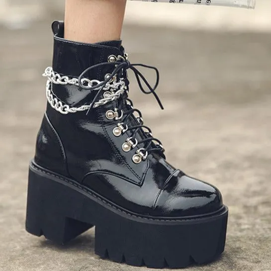 Thick-soled Patent Leather Chain Elements Lace-up Padded Boots