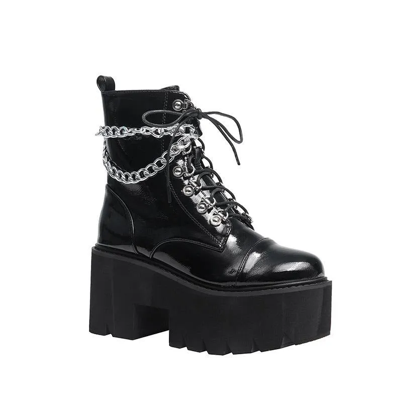 Thick-soled Patent Leather Chain Elements Lace-up Padded Boots