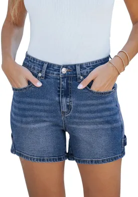 Vintage Blue Women's High Waisted Distressed Denim Jeans Stretchy Summer Casual Shorts