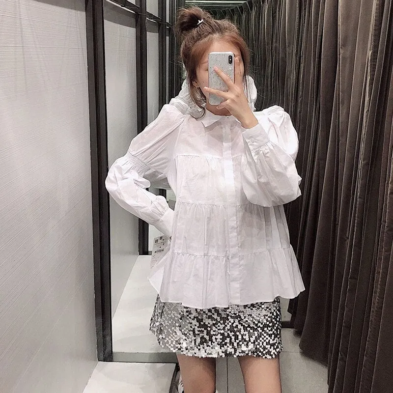 White Blouse Women Puff Long Sleeve