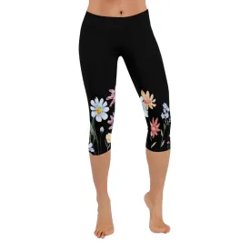 Wildflowers Painted Black Lower Capri Leggings up to 5 XL