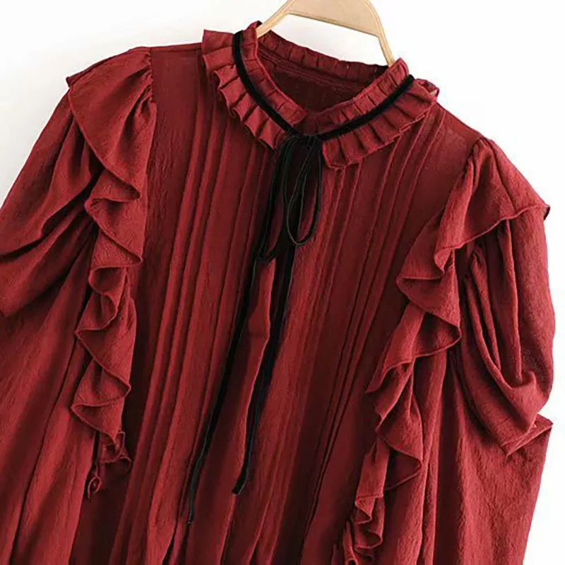 Women Bow Collar Solid Blouse Puff Long