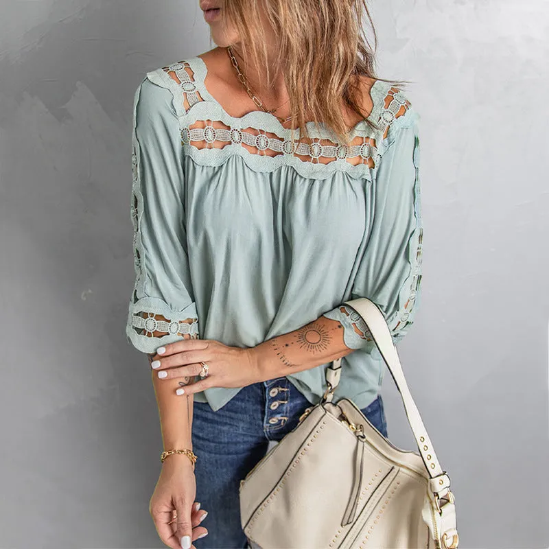 Women's Blouses Lace Panel Loose Half Sleeves Blouses