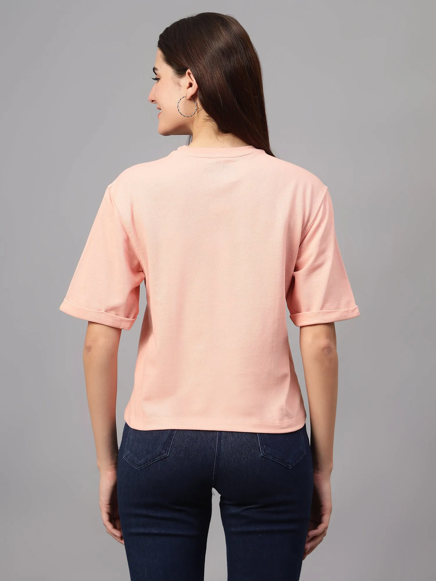 Women's Casual Regular Short Sleeve Peach Round neck Hi-density Print T-Shirt