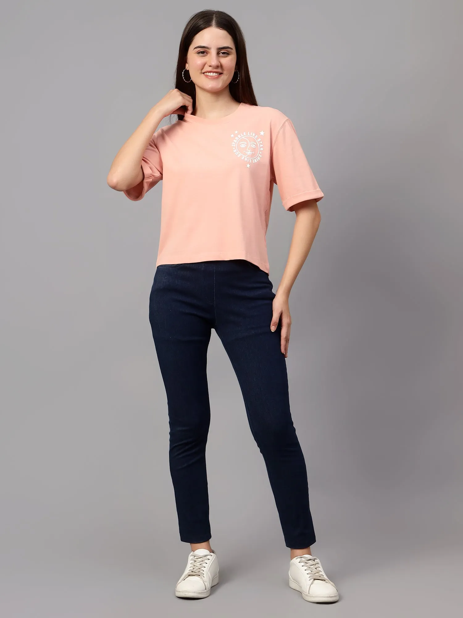 Women's Casual Regular Short Sleeve Peach Round neck Hi-density Print T-Shirt