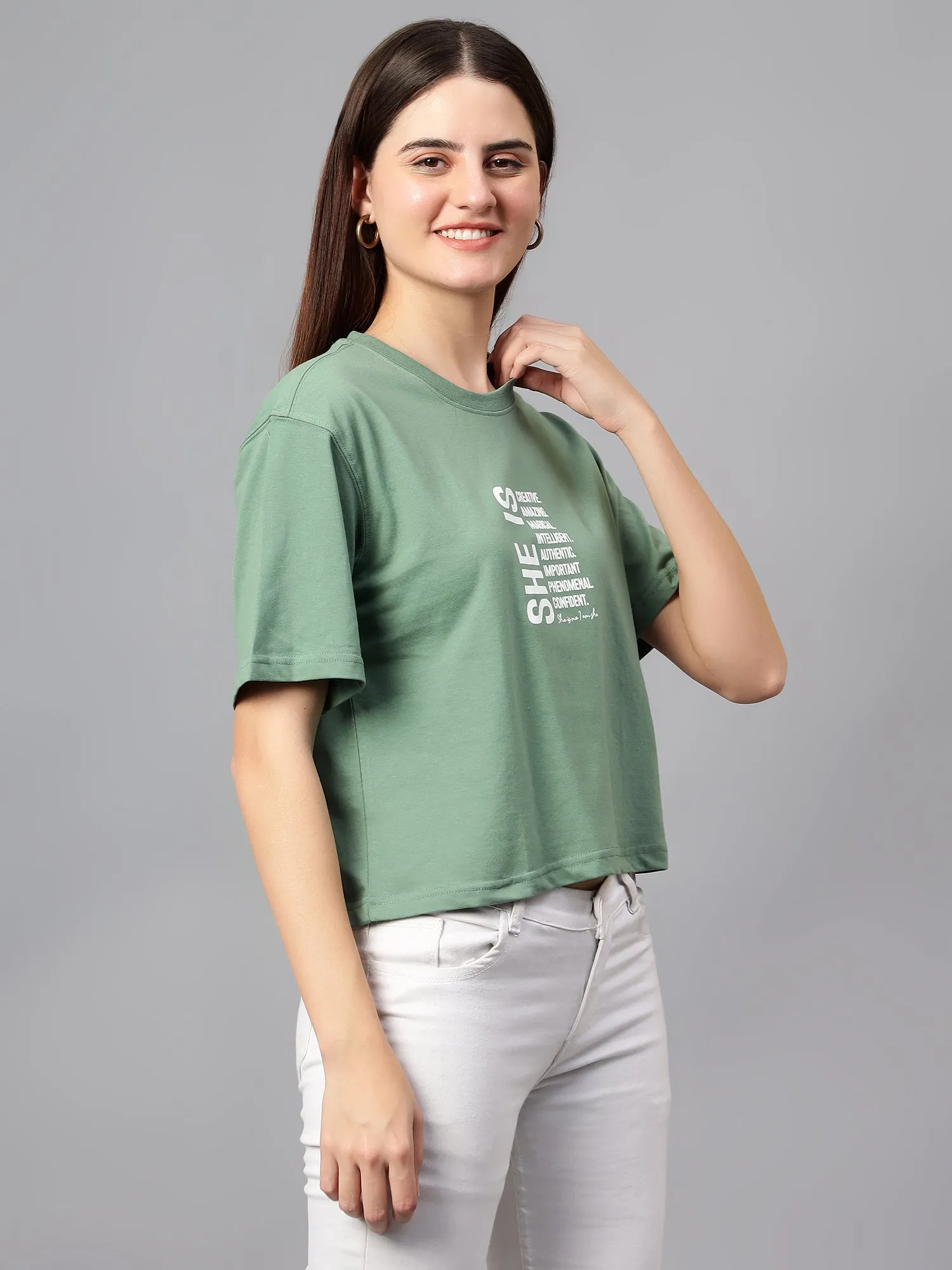 Women's Casual Regular Short Sleeve Sea Green Round neck Typographic Print T-Shirt