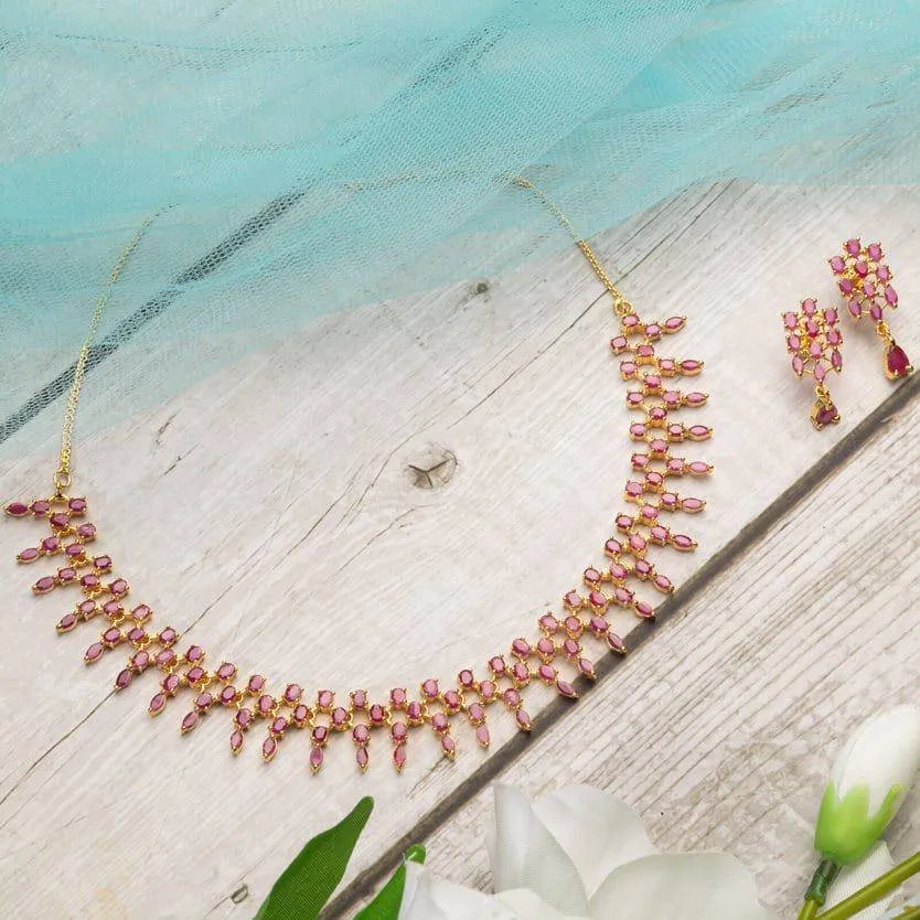 Zoya- Gold Ruby CZ Necklace Set with Earrings